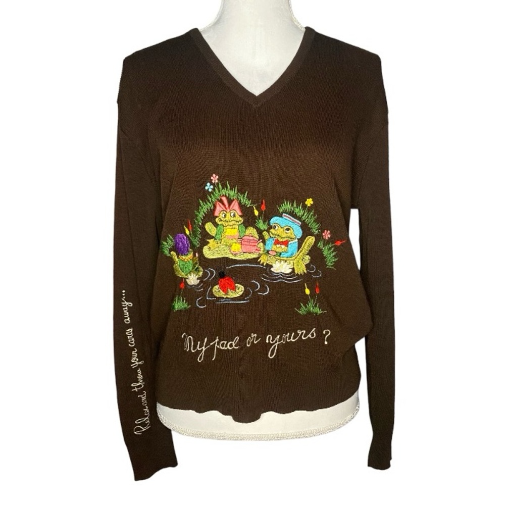 Vintage 60s Brown V neck Sweater Embroidered Frogs Lily Pad Andreno Argenti M